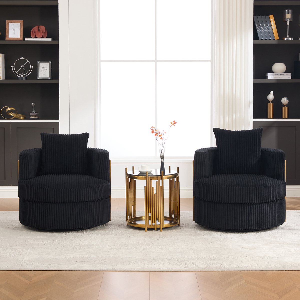 Wishdor - Fauteuil - 360b0 draaibaar met opbergruimte onder zitting - modern voor woonkamer of slaapkamer - zachte cordstof - zwart - 79 x 76 x 78 cm
