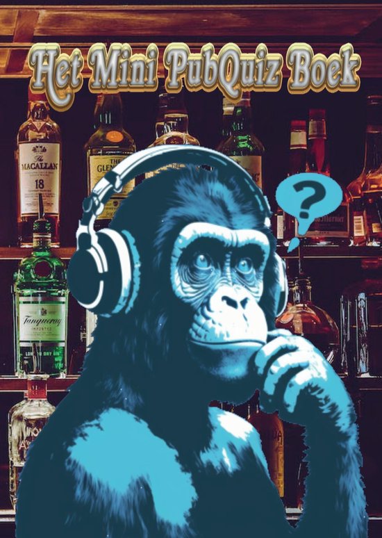 De cover van 'Het Mini PubQuiz Boek' met een aap met koptelefoon en een vraagteken.