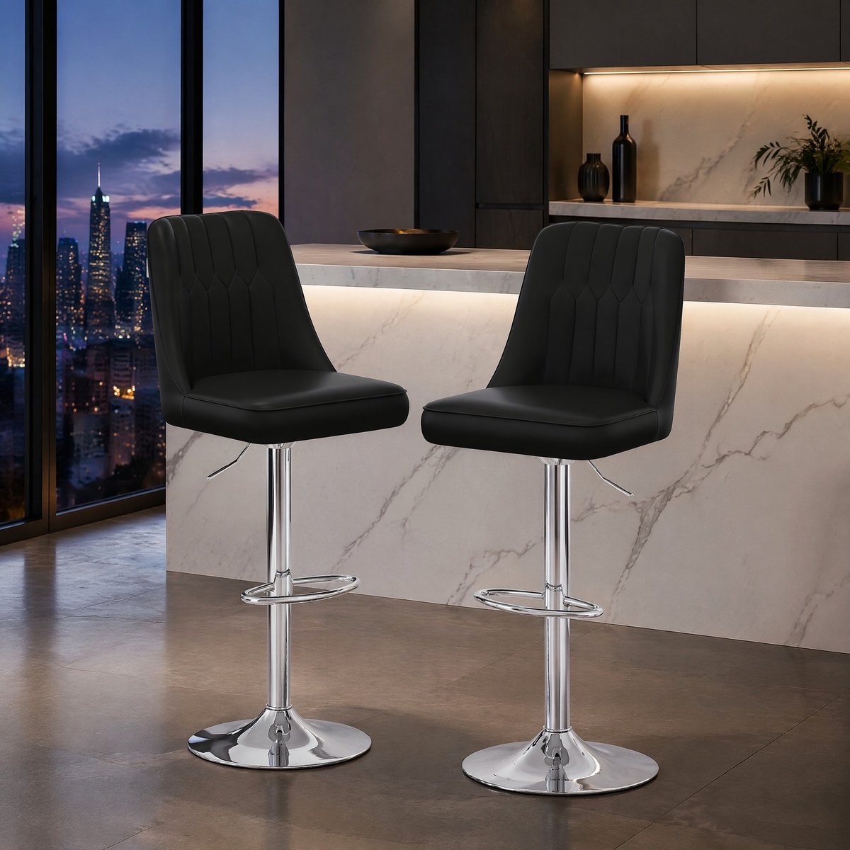 DESMIU Barkruk 44 Cm - Set Van 2 Met Rugleuning, Traploos Verstelbaar En 360 Graden Draaibaar - Voor Keukeneiland En Bartafel - Kunstleer Metaal Zwart Zilver
