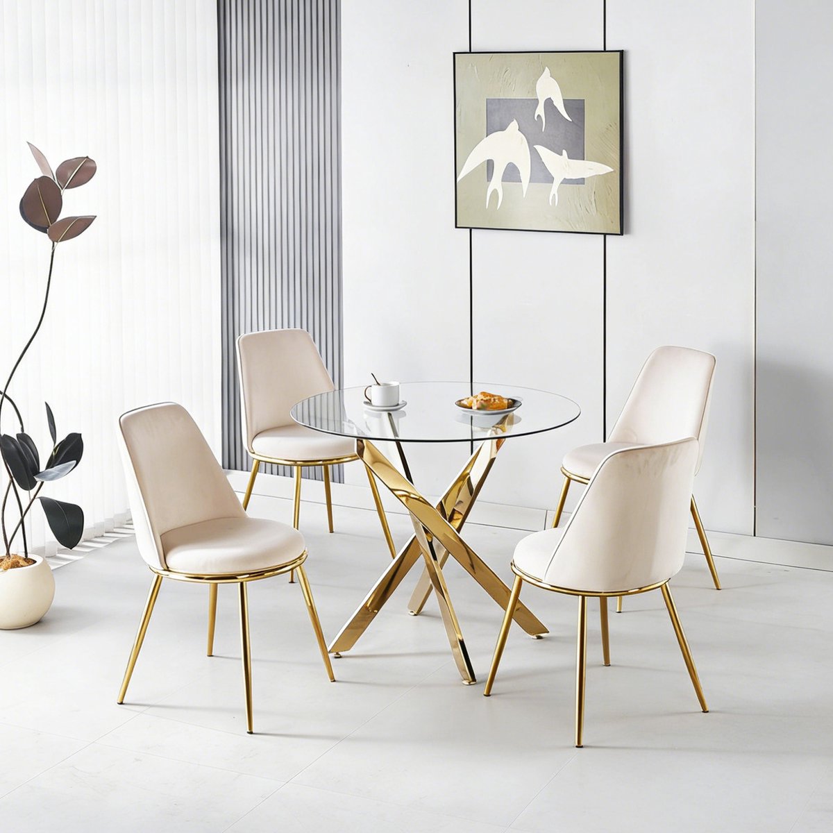 DESMIU Eettafelset 80 Cm - Ronde Glazen Tafel Met 4 Fluwelen Stoelen En Hoge Rugleuning -