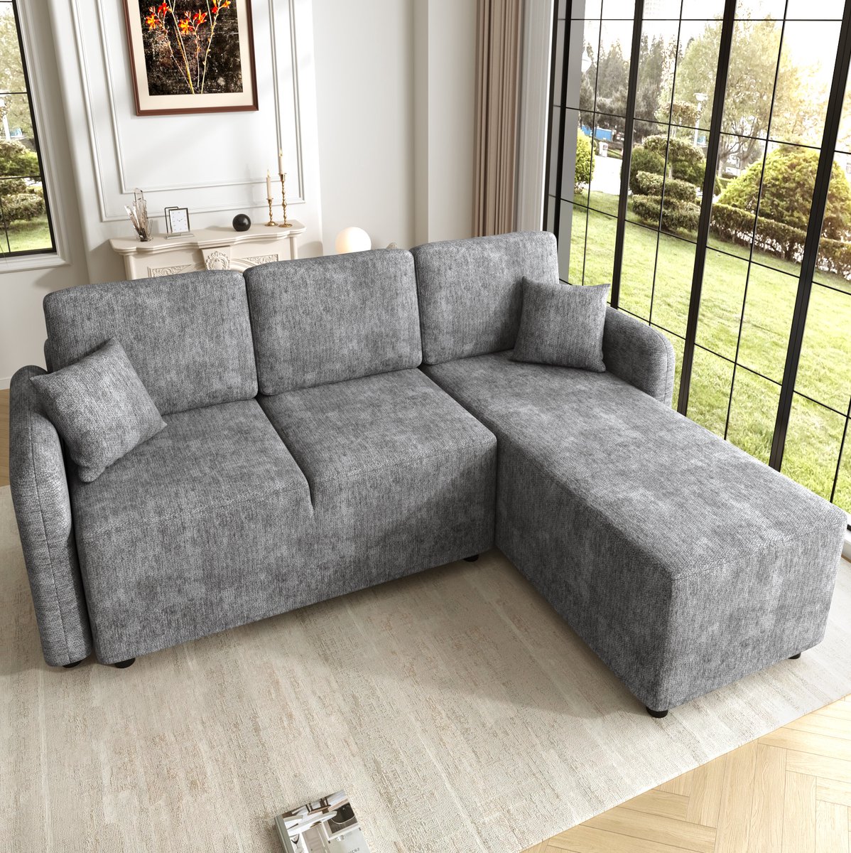 Wishdor - Hoekbank 3-zits - L-vorm met liggedeelte en 2 kussens - modern voor woonkamer of studio - chenille stof - grijs - 187,5 x 144 x 85,5 cm