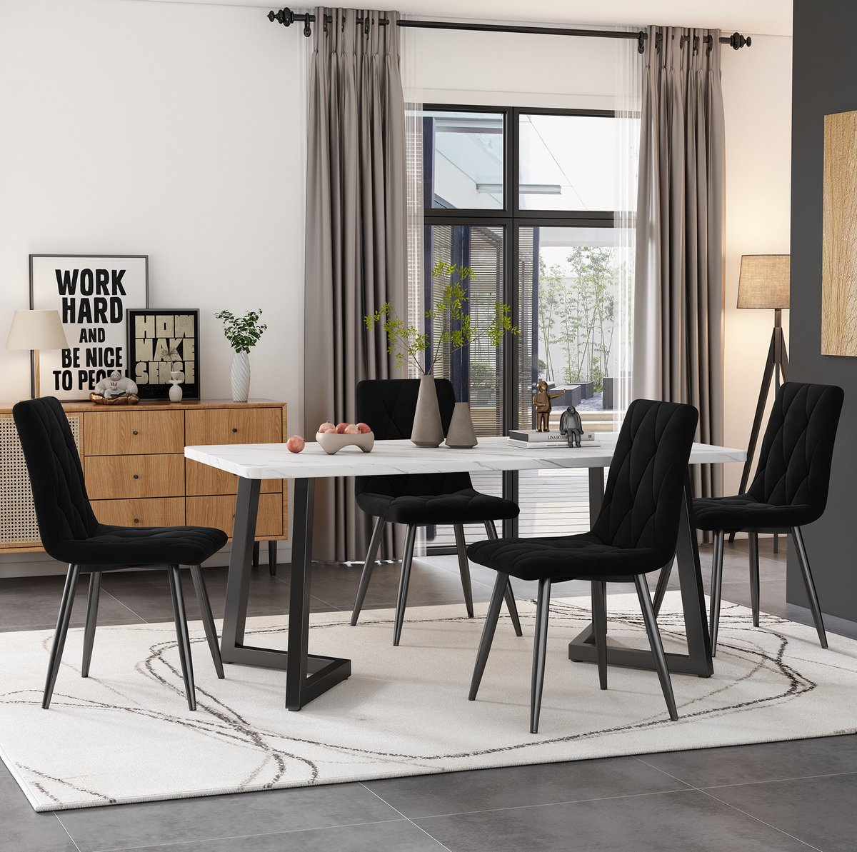 DESMIU Set Tafel En Stoelen 117 X 68 Cm - Met 4 Fluwelen Stoelen En Rechthoekige Eettafel - Voor Eetkamer En Keuken - Hout En Metaal - Zwart