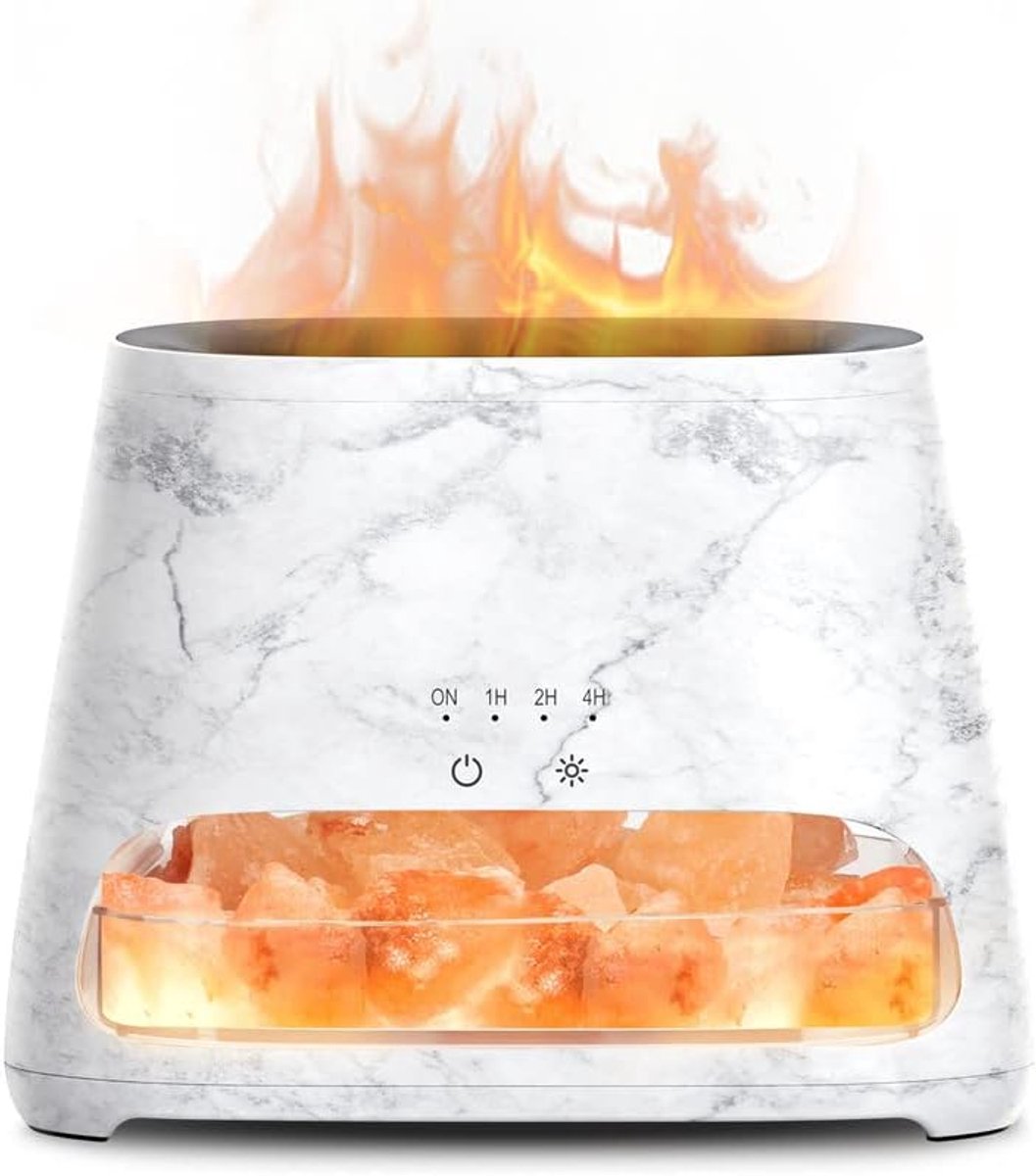 Thijox - 2-in-1 Aromaverstuiver & Salt Range Pakistan Lamp met Vlammeffect, Koele Nevel Luchtbevochtiger voor Etherische Oliën, 150 ml Marmer, 3 Helde