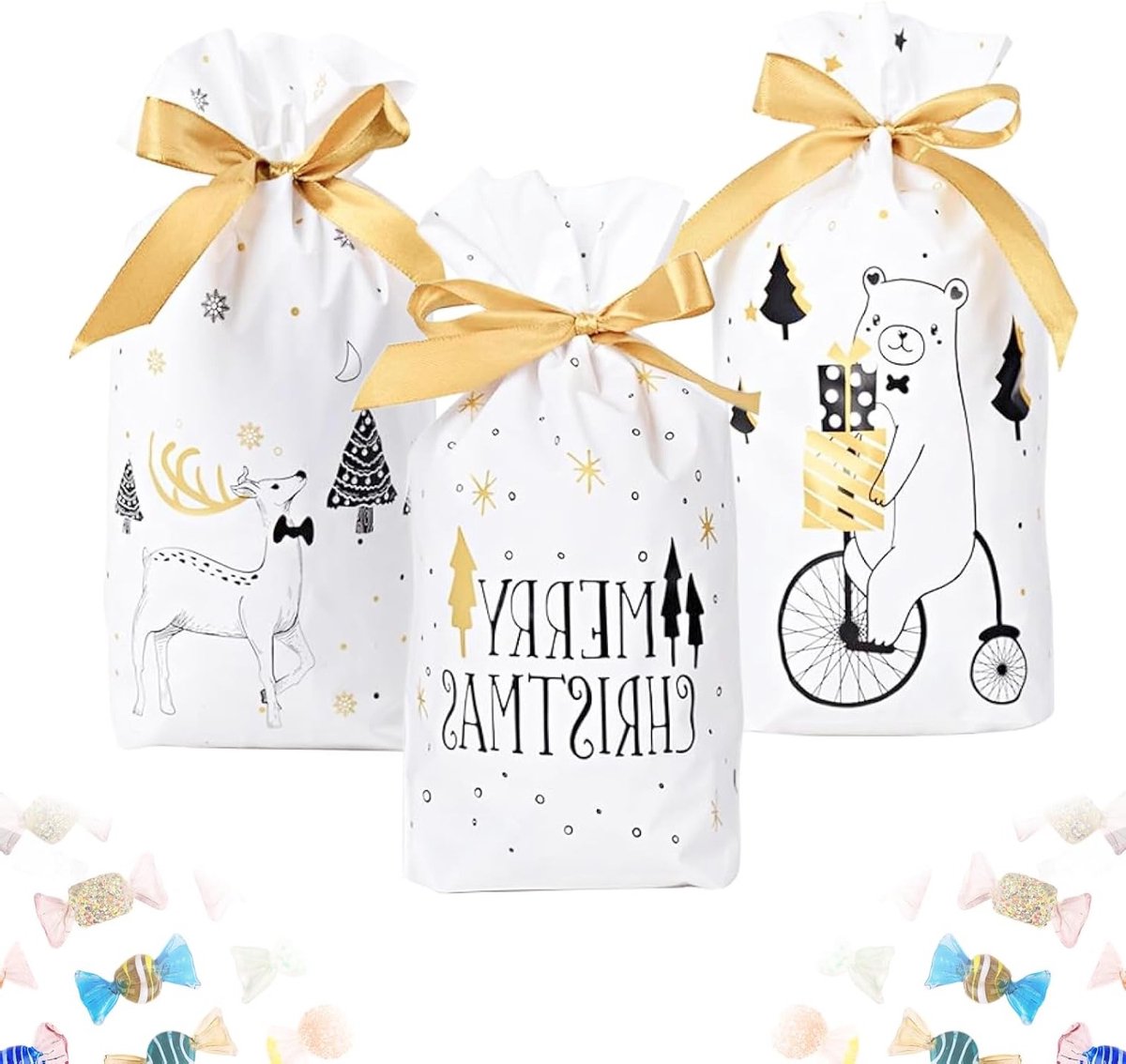 Set van 30 Kerstcadeautasjes, Kleine Verpakkingen voor Snoep, Trekkoord Tassen voor Feestdagen en Cadeaus