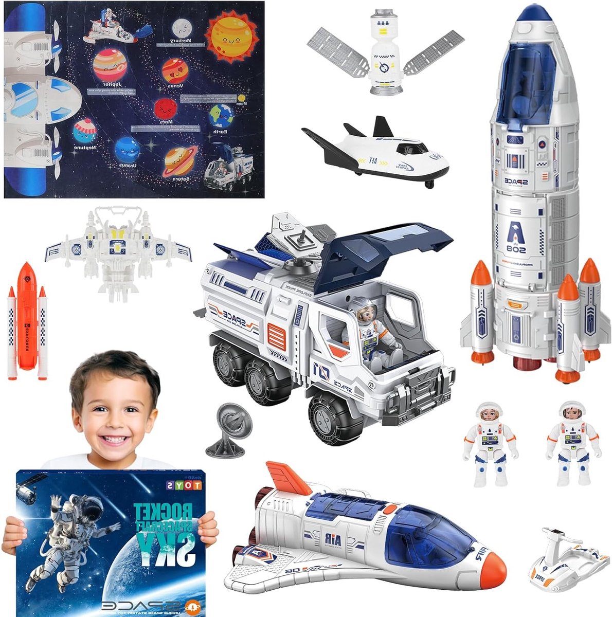 Ruimte Shuttle Speelgoed met Licht en Geluid, 5-in-1 STEM Educatief Speelgoed, Projectielamp en 4 Astronauten voor Kinderen van 4-9 Jaar