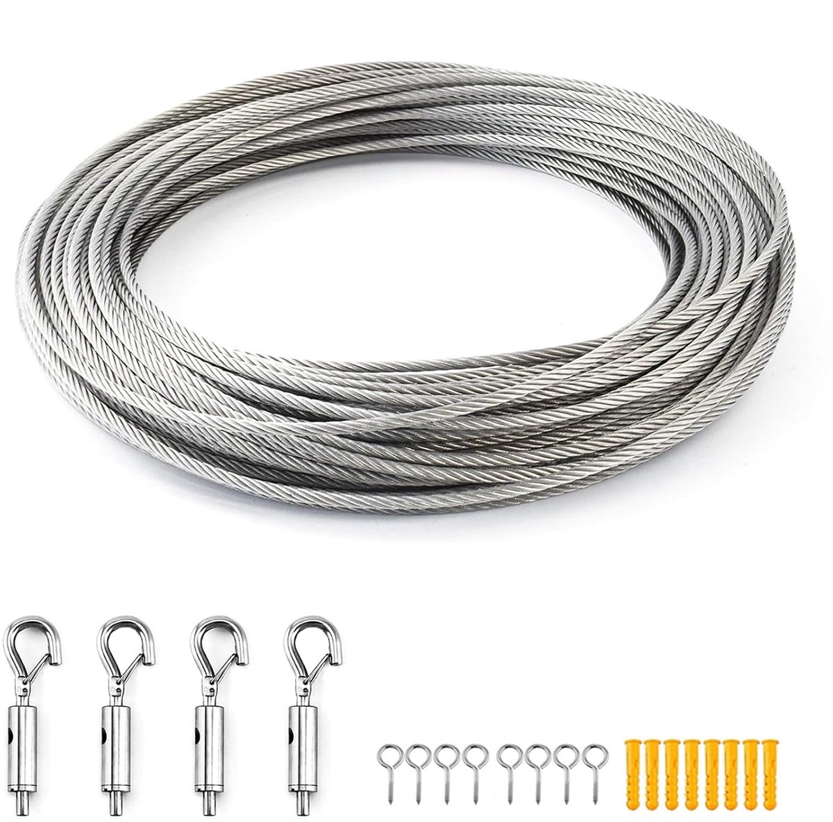 SnelShoppen - Wire Rope Klimhulp Set 10 m RVS met Lengte Verstelbare Haken PVC Gecoat 2 mm Kledinglijn, Klimplant Touw, Gordijn Touw, Douche Gordijn T