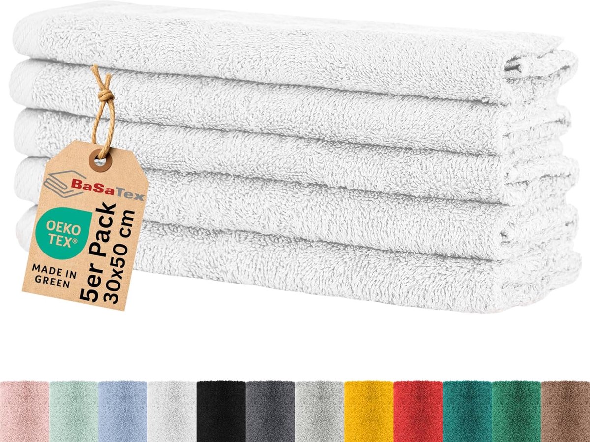SnelShoppen - Gastendoekjes set van 5, zachte badstof handdoeken met ophanglus, 30 x 50 cm, 100% katoen, Oeko-Tex 100, wit, ideaal voor badkamer, gast