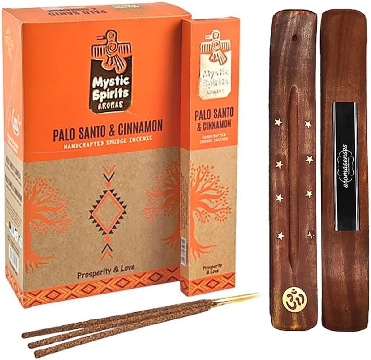 SnelShoppen - Aromasenses Natuurlijke Handgemaakte Palo Santo en Kaneel Wierook - 12 Pakjes van 8 Stokjes + Wierookhouder - Perfect voor Meditatie, On