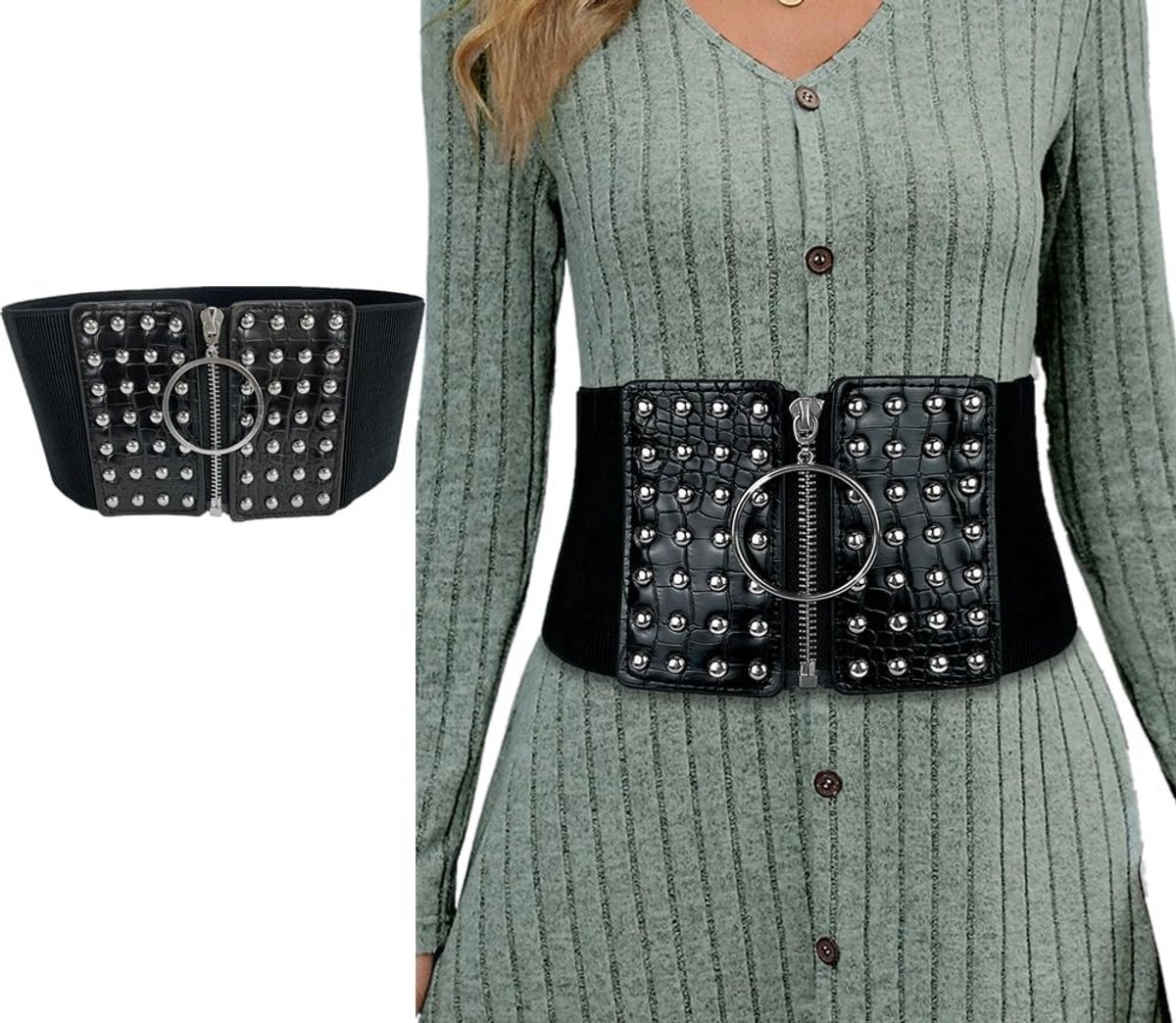 Zwart Elastisch Corset met Verstelbare Tailleband, Grote Nieten en Ritsen voor Vrouwelijke Kostuums en Feestelijke Evenementen