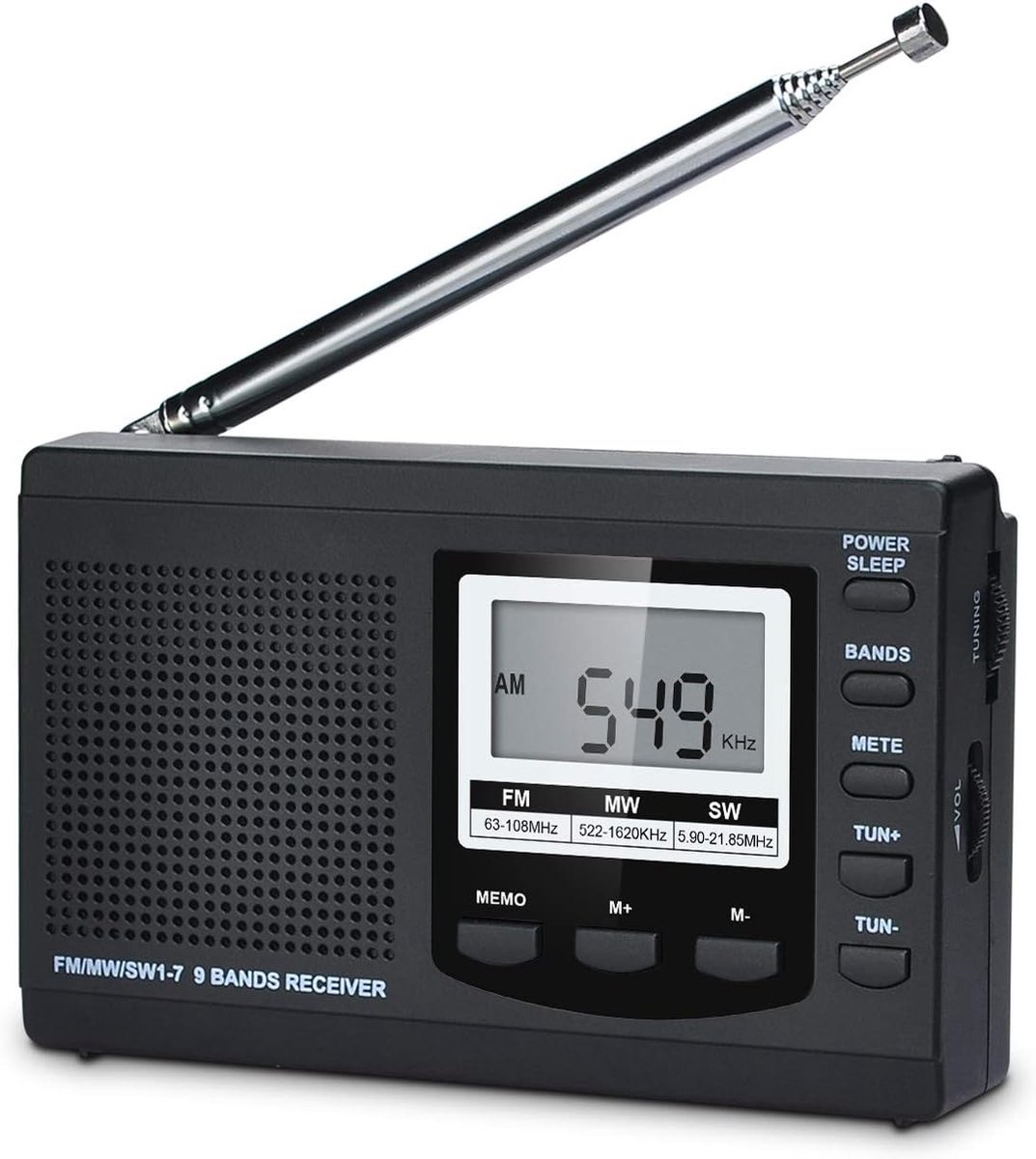 SnelShoppen - Full Band AM/FM/SW Radio met LCD Display, Alarmklok, Sleep Timer, Pocket Radio met Telecopische Antenne voor Optimaal Ontvangst - Zwart