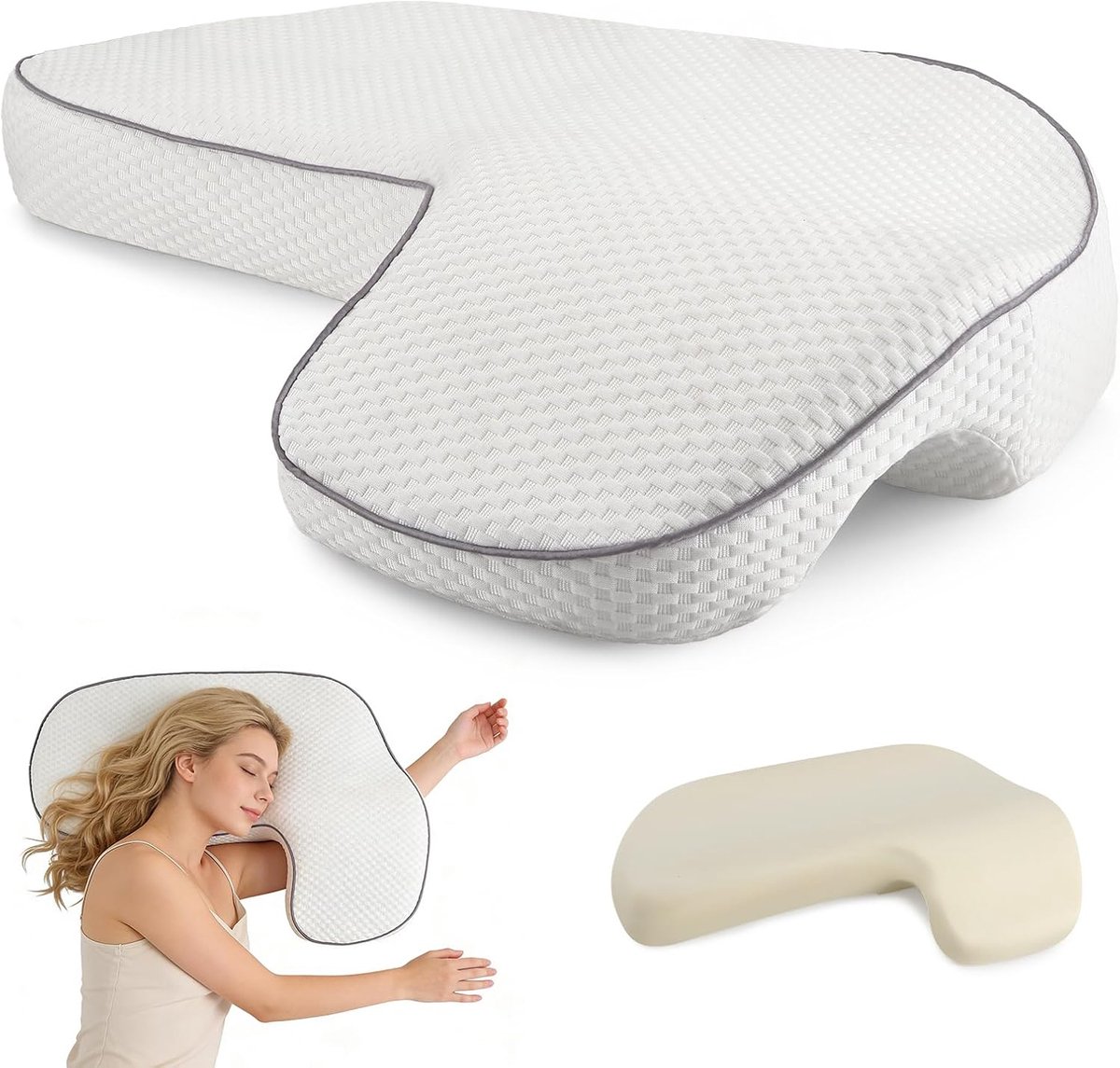 SnelShoppen - Ergonomisch Zijslaper Kussen met Armgat, Geheugenschuim Armkussen voor Zijslapers, Rug- en Buikslapers, Ondersteunend Nekkussen met Verw