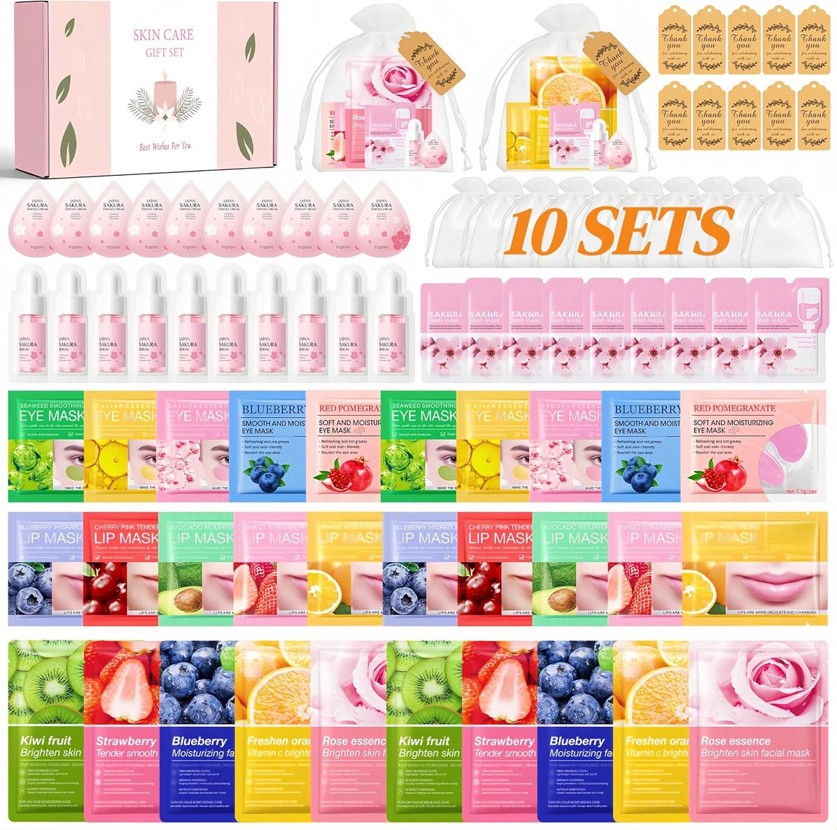 Thijox - 80-delige Huidverzorgingscadeauset voor Vrouwen - Beautyset met Gezichtsmaskers, Oogpads, Lippenmaskers, Spa Accessoires - Perfect voor Verja