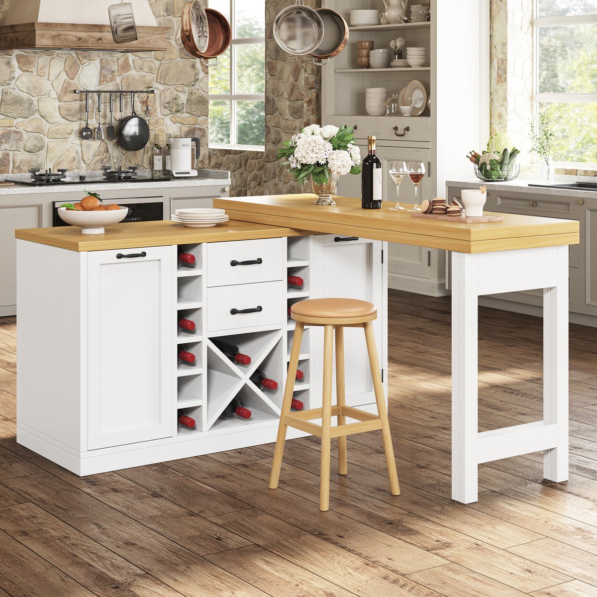 STILVORA Eettafel - 360 Graden Draaibaar En Uitschuifbaar Met Opbergruimte - Voor Keuken En Eethoek - MDF En Metaal - 120-223x40x73,8 Cm - Wit