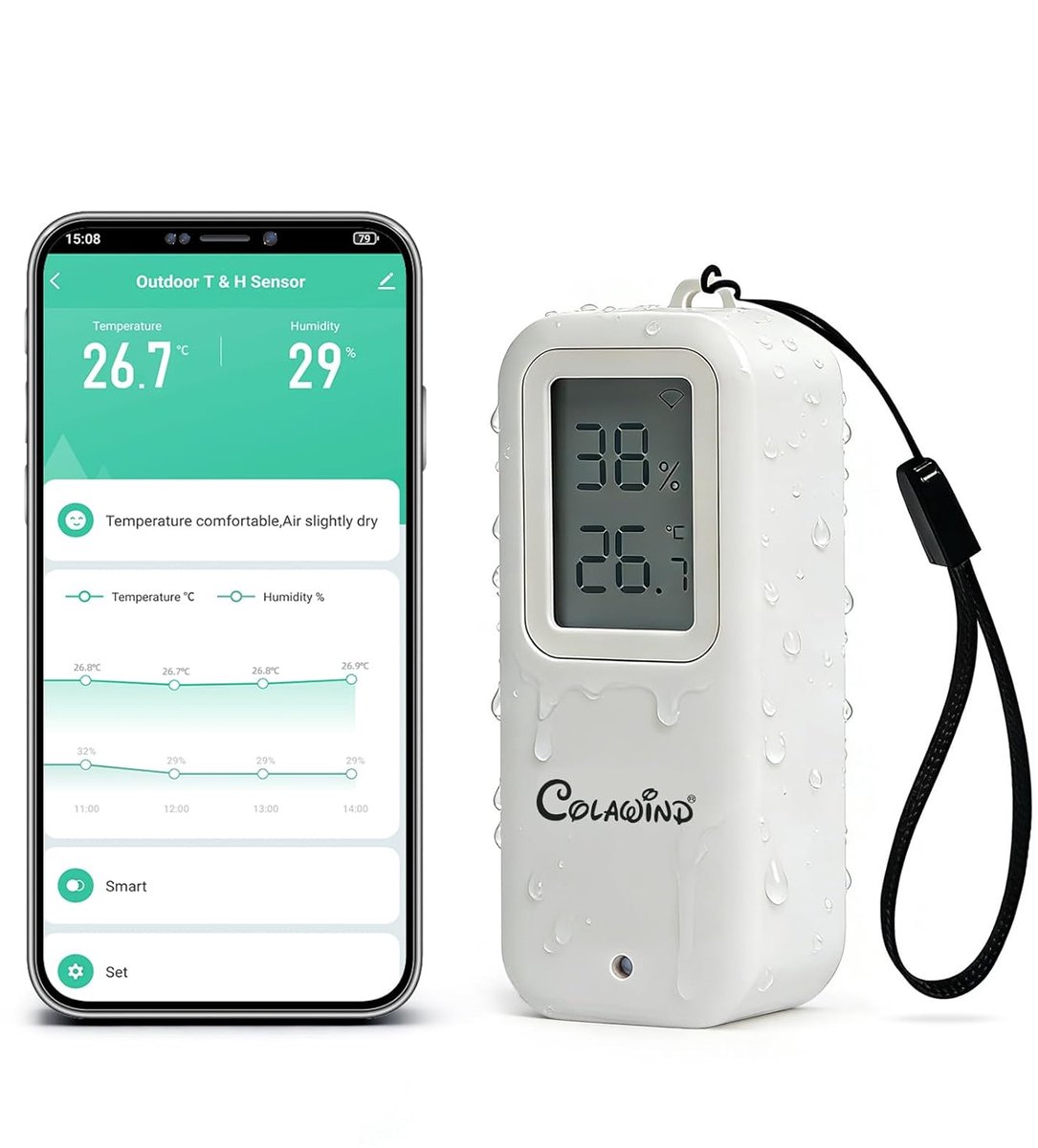 SnelShoppen - WiFi Thermometer Hygrometer IP65 - Slimme Temperatuur en Vochtigheid Sensor met App Meldingen, Binnen en Buiten Gebruik, Data Export tot