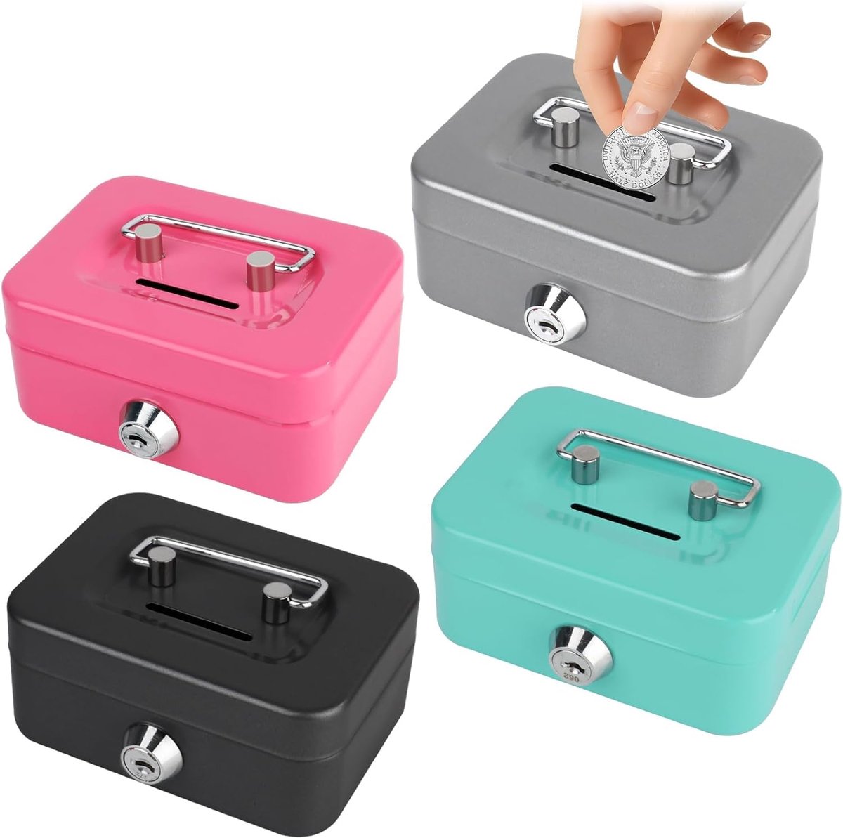 SnelShoppen - Pack van 4 Kleine Spaarpotten - Lockable Money Box met Sleutel - Metaal, 11.5x8.5x5 cm - Perfect voor Thuis, Kantoor en Kleine Bedrijven