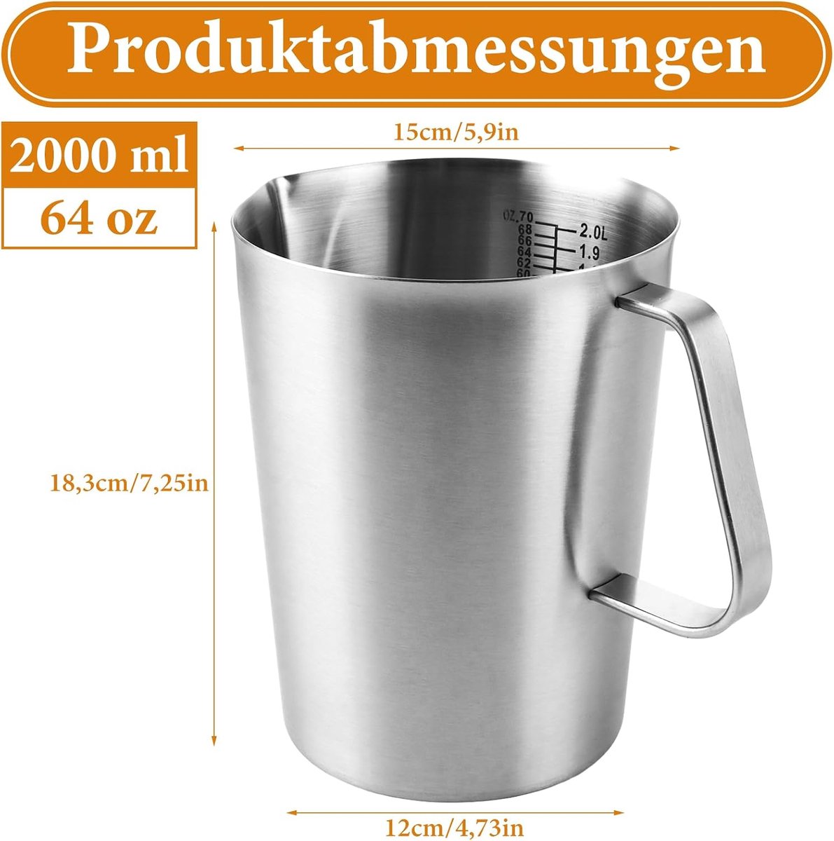 SnelShoppen - RVS Maatbeker 2 Liter met Fijne Kom, Roestvrij Stalen Melkopschuimer met Handvat, Druppelbescherming voor Thuis, Keuken, Restaurant, Bar