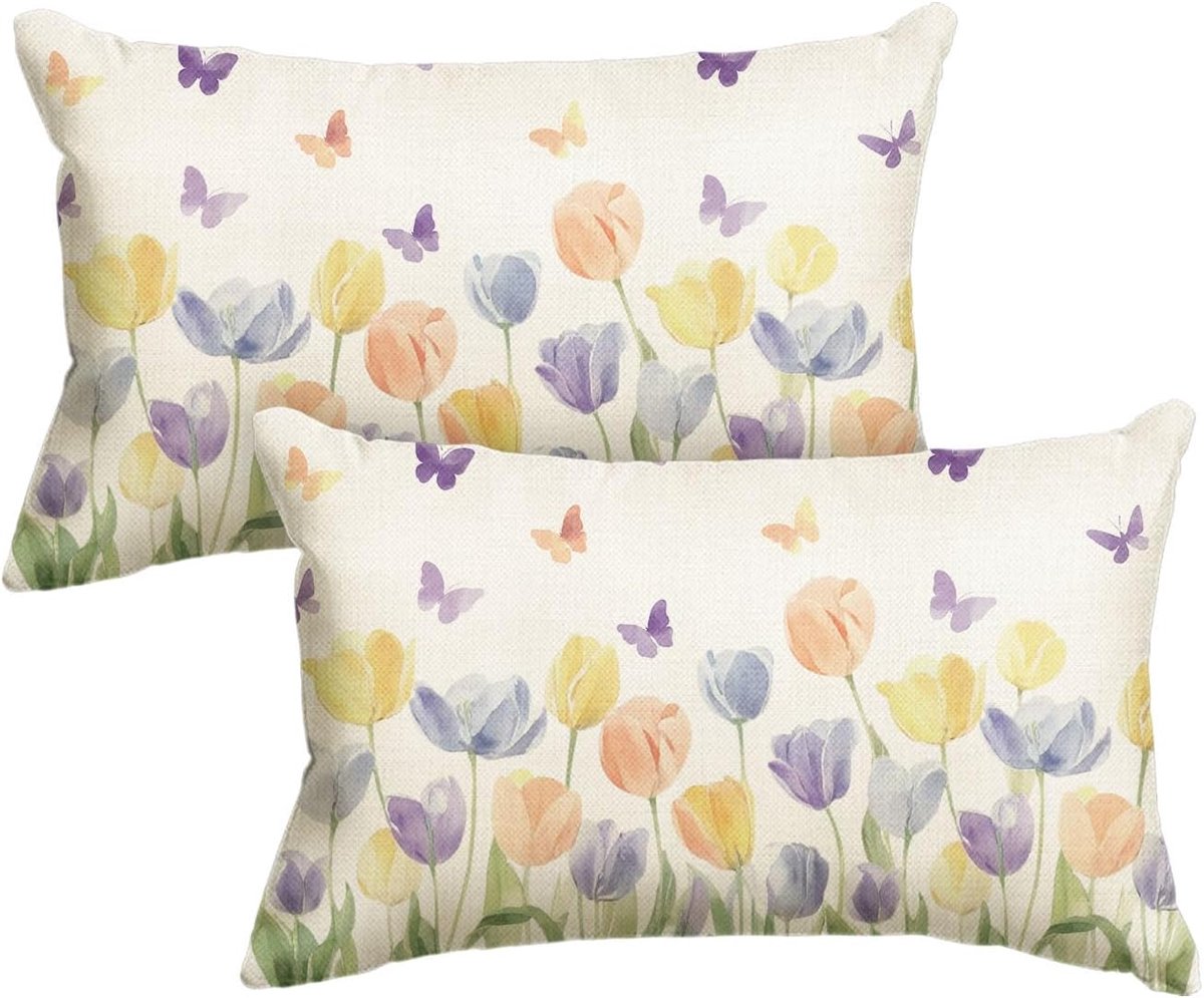 SnelShoppen - Set van 2 Tulpen Vlinder Kussenhoezen 30 x 50 cm - Zomer Decoratie voor Bank - Machinewasbaar Polyester - Multifunctionele Kussen Covers