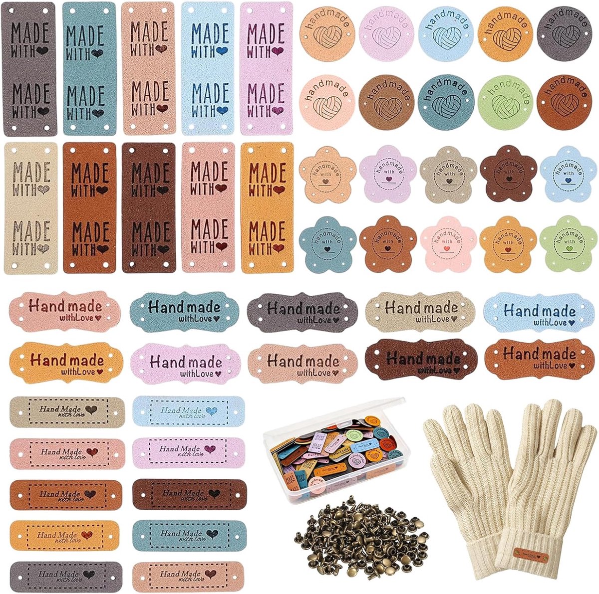 SnelShoppen - Lederen handgemaakte labels 50 stuks met 75 klinknagels, 5 design PU lederen etiketten, kleurrijke gepersonaliseerde handgemaakte ledere