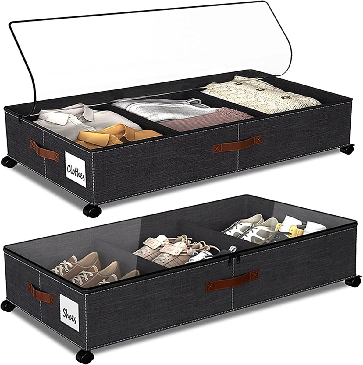 Thijox - 2 Stuks Onder Bed Opslag met Wielen - Verstelbare Scheidingswand Rollende Organizer Bakken voor Kleding, Schoenen, Speelgoed, Boeken, Dekens