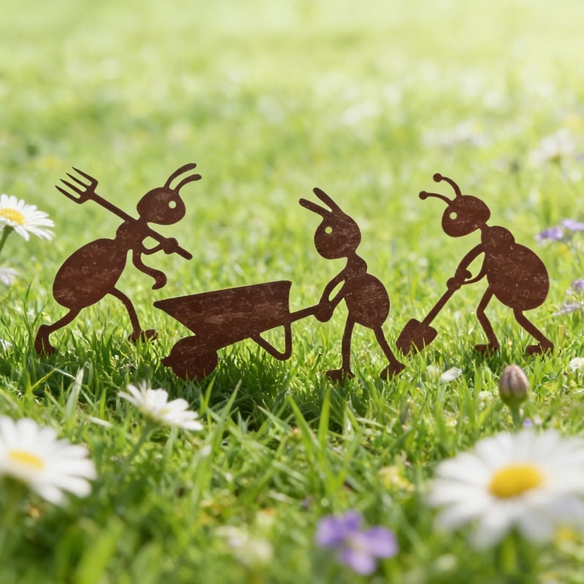 SnelShoppen - Ants Garden Plug Set - 3-delige Metalen Tuindecoratie - Weerbestendige Roest Patina voor Bloembed, Terras, Balkon - Kunstzinnige Insecte