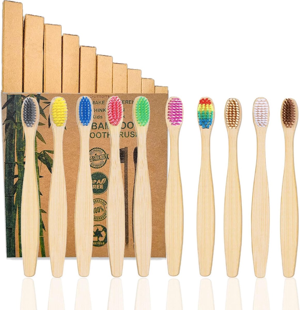 SnelShoppen - 10 Kleuren Bamboo Tandenborstels voor Kinderen | BPA Vrije Houten Tandenborstels met Zachte Borstels | Milieuvriendelijke Biologisch Afb