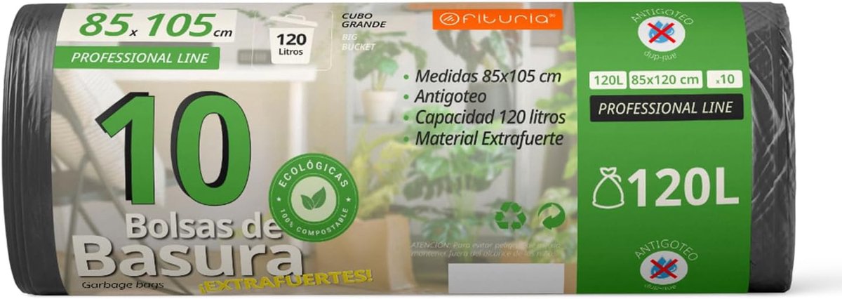 SnelShoppen - Grote Afvalzakken 120 Liter - Robuust, 100% Gerecycled, Lekvrij, Gemakkelijk Sluiten, Geschikt voor Alle Afvalsoorten - 10 Stuks 85x105