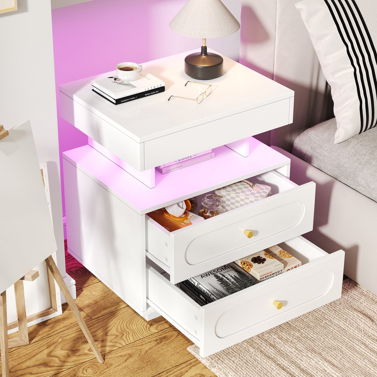 COVREO Nachtkastje 50x40x60 cm - wit, spaanplaat, 2 lades en open vak met LED-verlichting