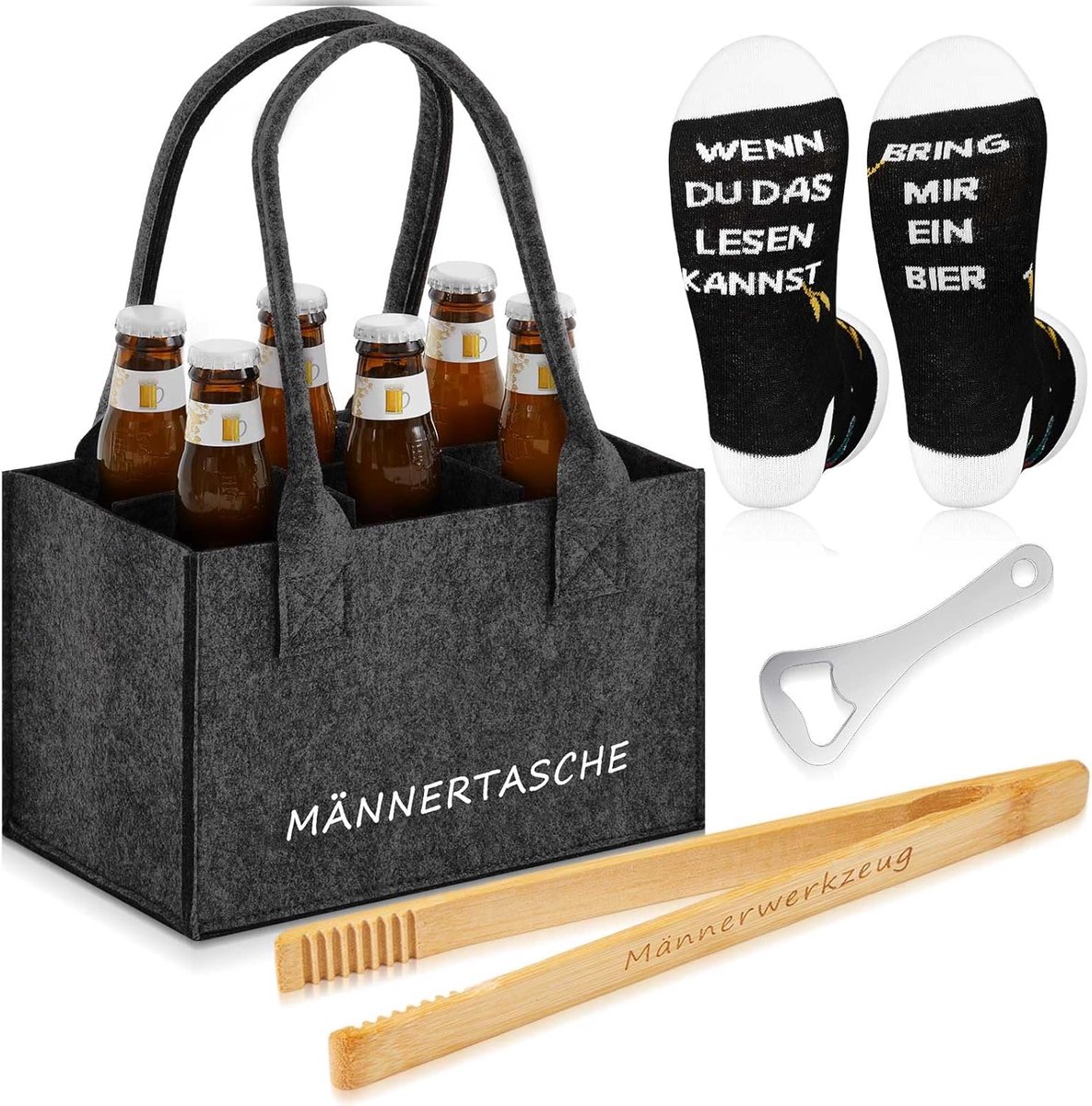 SnelShoppen - Bier Cadeauset voor Mannen, 6 Compartimenten, Draagtas van Vilt, Grilltangen, Flessenopener en Grappige Sokken, Perfect voor Feest en Va