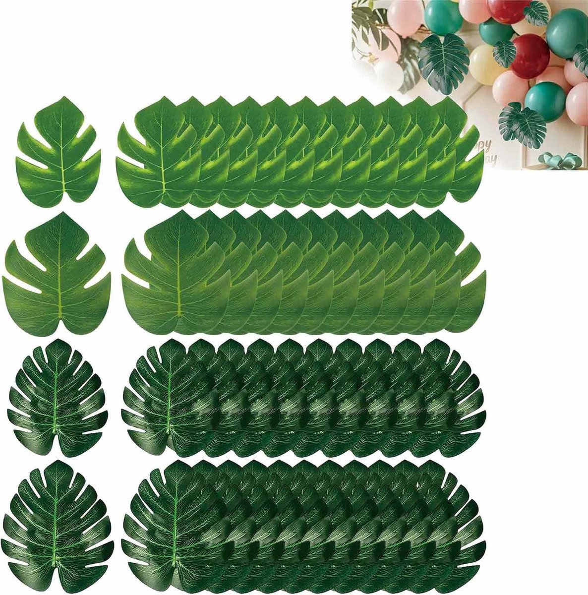 SnelShoppen - 48 Stuks Kunst Palmbladeren & 24 Stuks Kunstbloemen - Tropische Decoraties voor Jungle, Strand & Verjaardagsfeesten in Diverse Maten en
