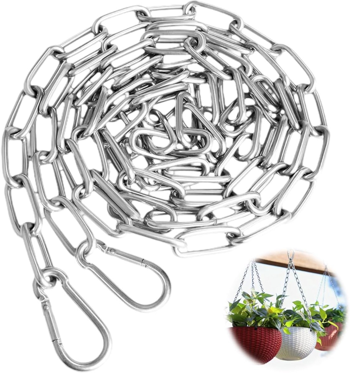 SnelShoppen - 3m Metalen Kettingen, 3mm Dikke Stalen Keten met 2 Carabiner Haken, Waterdichte RVS Keten voor Ophangen, Kledinglijn, Hangplanten, Tuin