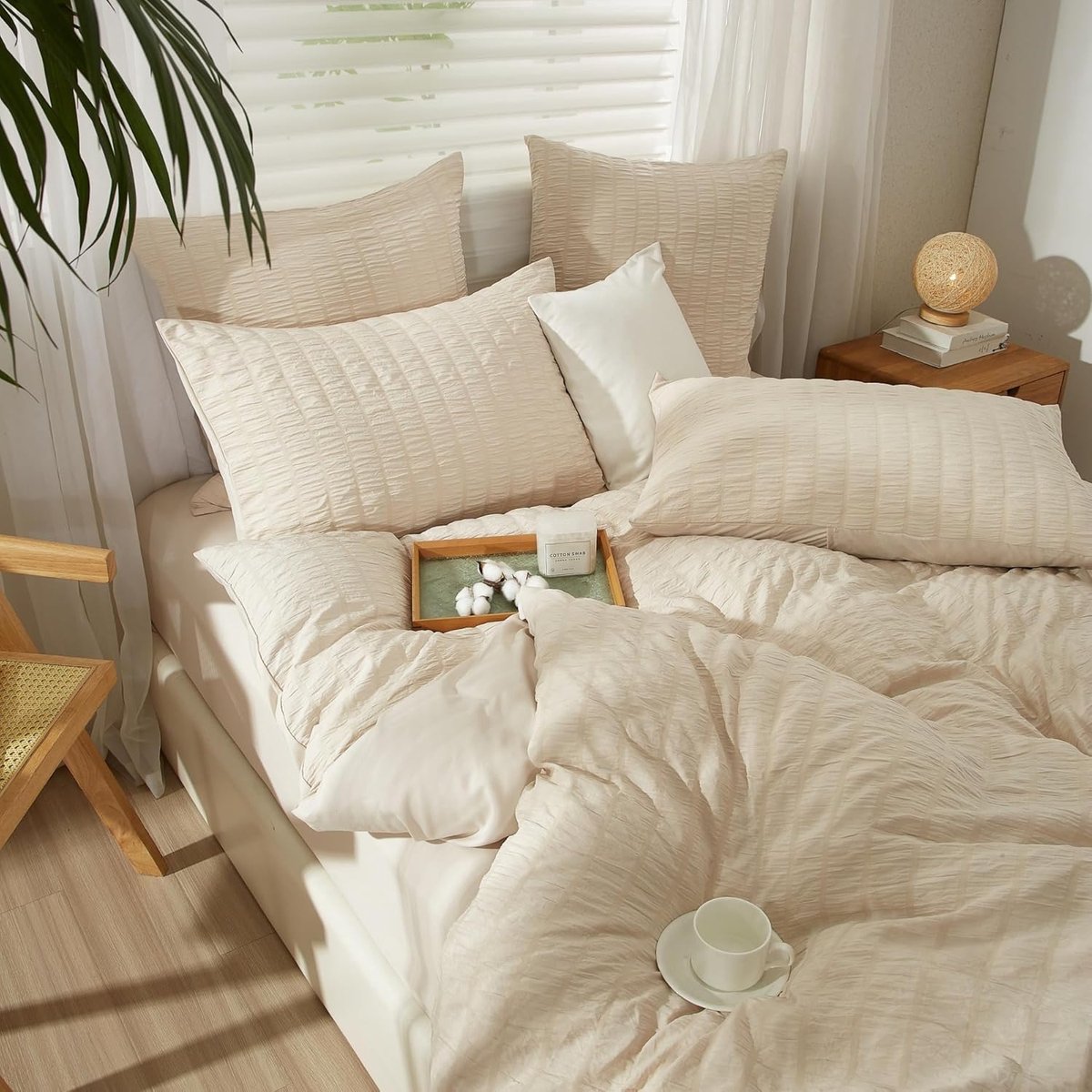 SnelShoppen - Seersucker Beddegoed Beige Gestreept Modern 3-delige Microvezel Dekbedovertrek Set met Rits en 2 Kussenslopen 80 x 80 cm - Ademend en Za