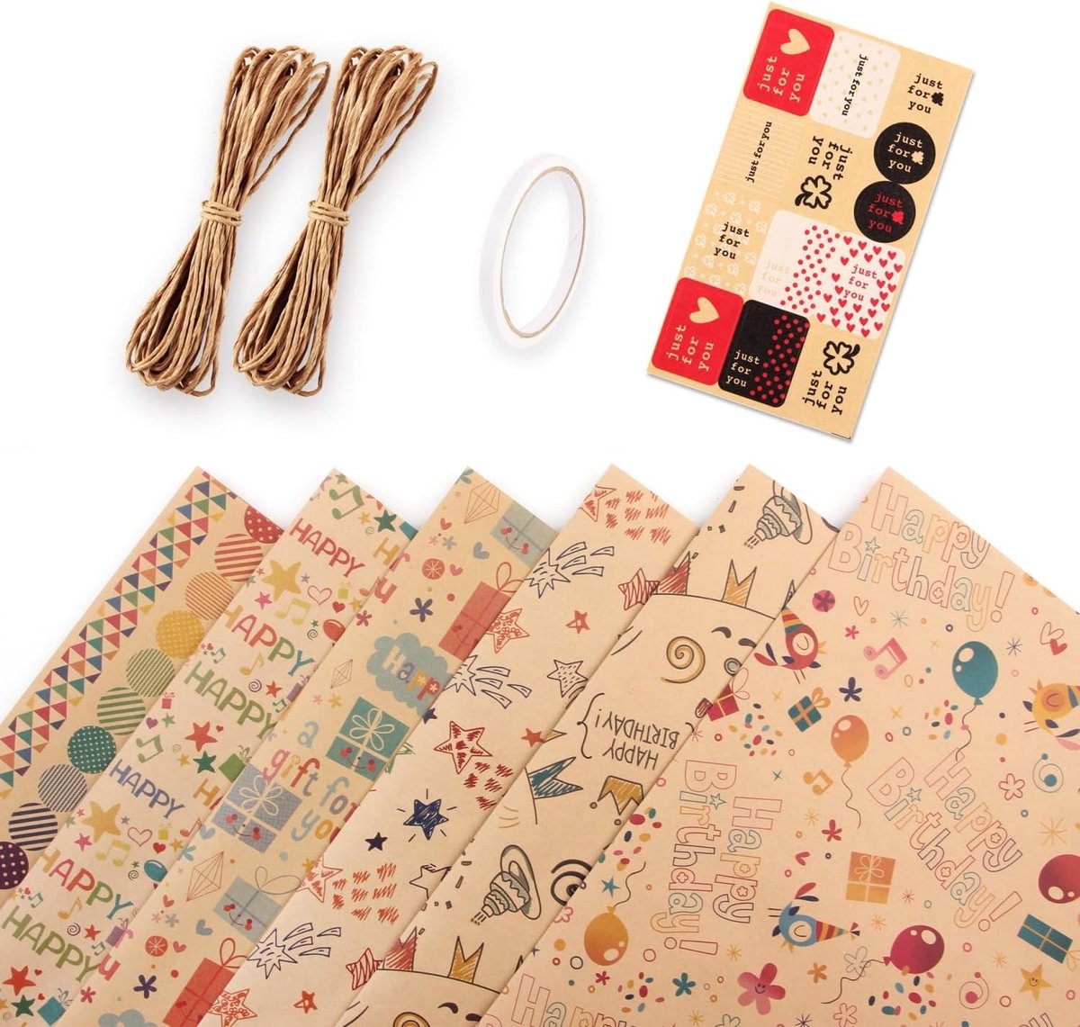 SnelShoppen - Verjaardag Cadeau Inpakpapier Set, 6 Stuks Gerecycled Inpakpapier met Jute Touw, Stickers en Labels voor Cadeautjes, 70 x 50 cm