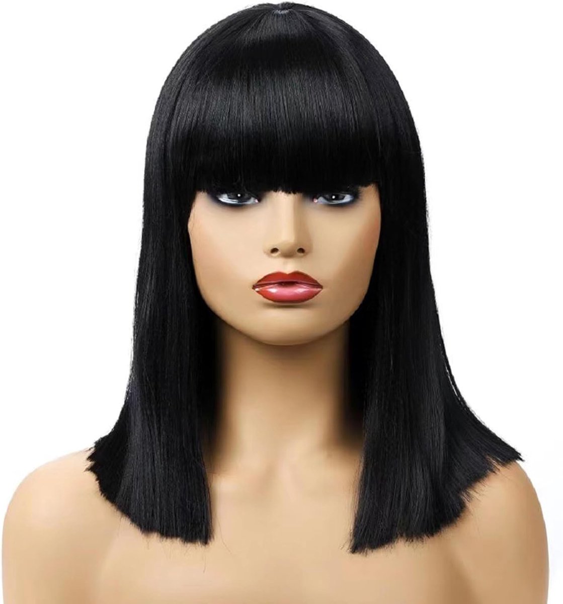 SnelShoppen - Smooth Black Wig with Bangs - Korte Bob Peruc - Hittebestendige Synthetische Haar voor Vrouwen en Meisjes - Verstelbare Cap - Kostuum Co