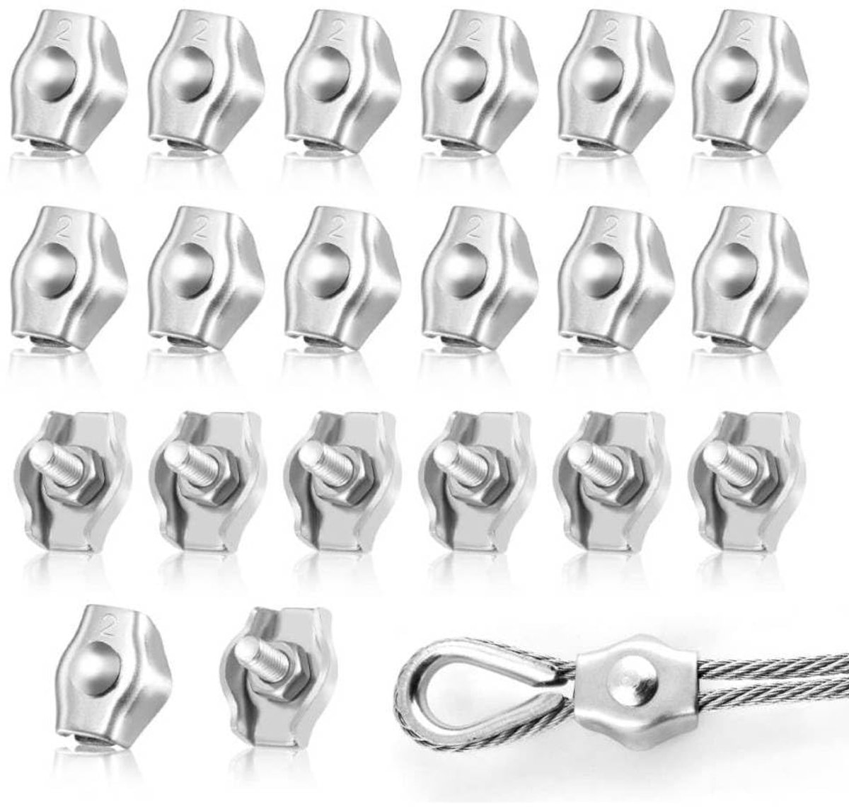 SnelShoppen - M2 Kabelclips 20 Stuks - 2 mm RVS Klemmen - Roestvrij Staal 304 - Voor Stalen Touw, Kledinglijn, Partytent, Vaste Bevestiging