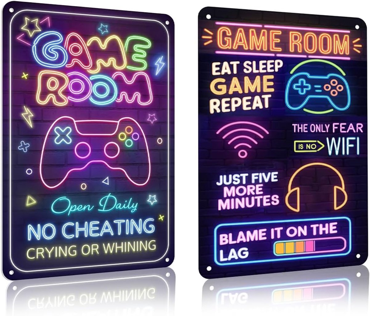 SnelShoppen - 2 Neon Effect Metal Signs voor Gaming Decoratie, Neon Licht voor Gamer Kamers, Feest, Bar en Jongeren, Kleur: Multicolor, Flexibele Mont
