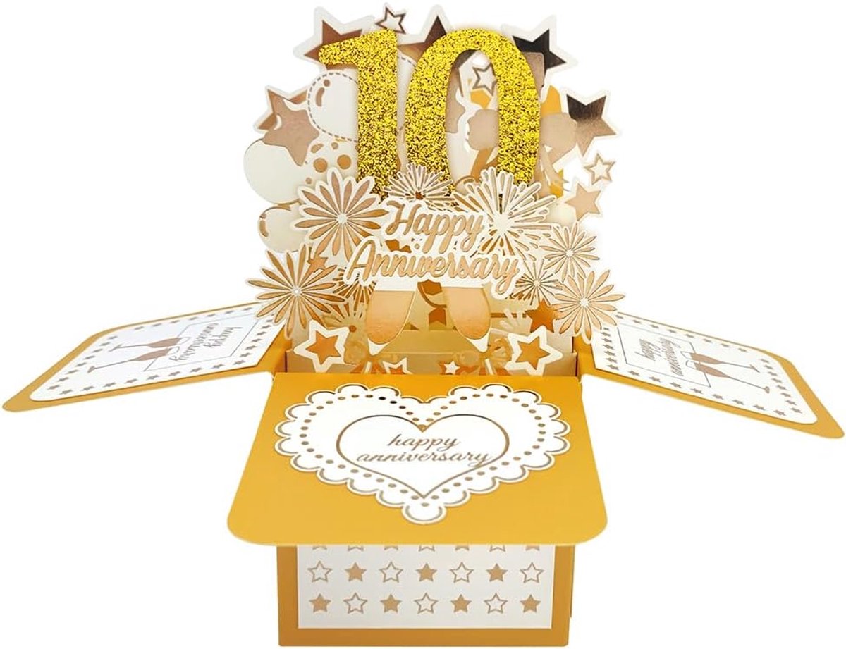 SnelShoppen - Happy 10e Huwelijksverjaardag Pop-Up Wenskaart voor Hem, 3D Diorama met Gouden Glitter '10', Uniek Cadeau voor Vrouw en Stellen