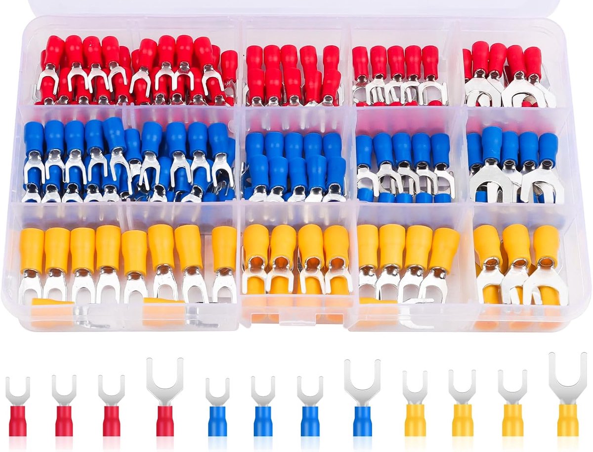 SnelShoppen - 180PCS Geïsoleerde Fork Clamps 0.5-6.0mm² Spade Quick Split Crimp M4/M5/M6/M8 voor Auto Onderdelen, Mechanica, Werkplaats