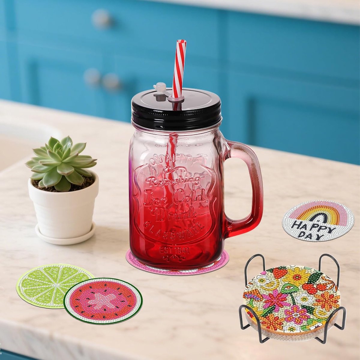 SnelShoppen - 8 Stuks Diamant Coasters Ronde Onderzetters, Niet-Slip Fruit Onderzetters met Houder, 5D DIY Onderzetters voor Volwassenen, Kinderen, Th