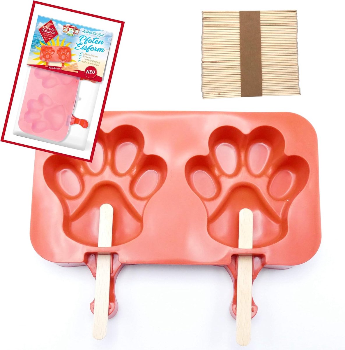 SnelShoppen - Silicone IJsblokjesvorm BPA Vrij met 50 Houten IJsstaafjes, 2 Pootvormpjes, Makkelijk in Gebruik (2 IJs Mallen, Rood)