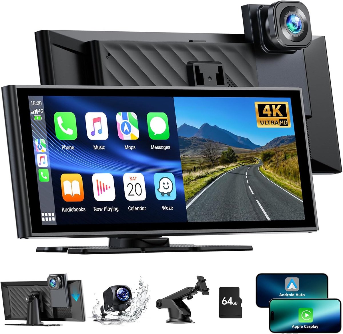 SnelShoppen - Draagbare 9.26 Inch Car Radio met Apple CarPlay en Android Auto, Bluetooth 5.0, FM, Achteruitrijcamera 4K + 1080P, Ideaal voor Auto's, G