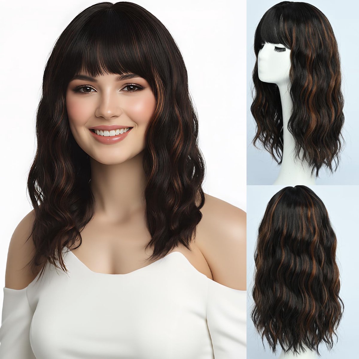 SnelShoppen - Wavy Long Brown Highlights Wig with Bangs voor Vrouwen - Krullende Middellange Bruine Gemengde Blonde Peruc