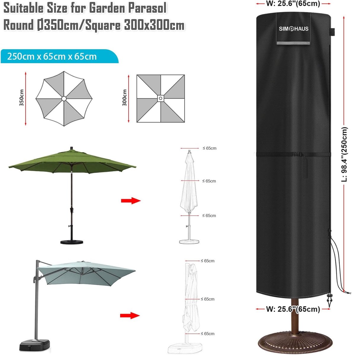 SnelShoppen - Parasol Cover Tuinparasol 3 m Diameter - Waterdichte Umbrella Cover 420D Oxford - UV Bescherming - 250 x 65/65 cm - Tuin, Camping, Feest