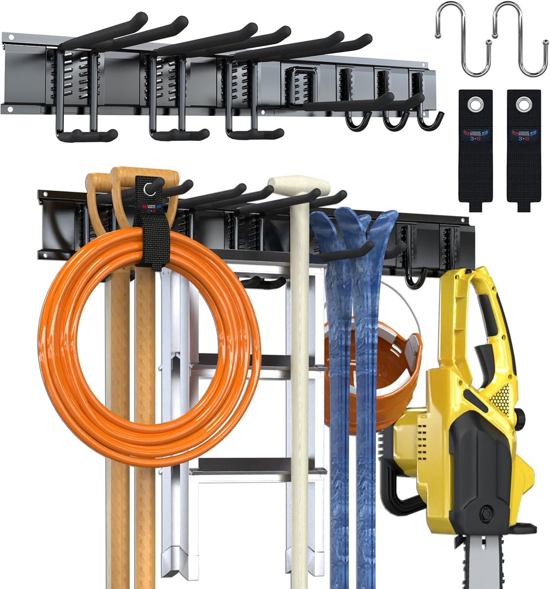 SnelShoppen - 80cm Wandmontage Tuin Gereedschap Houder - RVS Broomhouder met 9 Haken, 2 Glijrails en 2 Opschroefriemen voor Garage, Tuin, Ski's en Fie