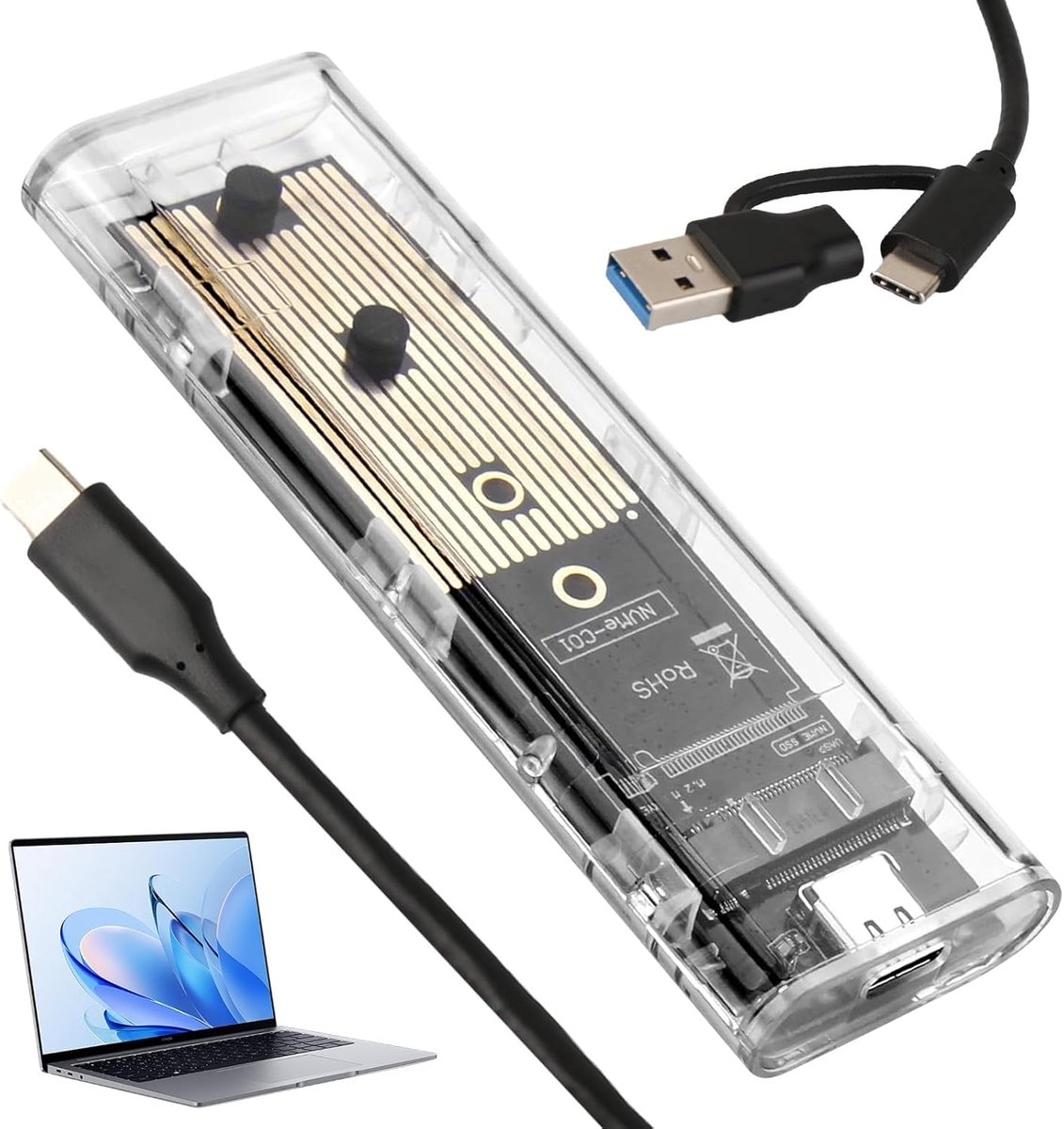SnelShoppen - M.2 NVMe SSD Enclosure Externe Hard Drive Adapter USB 3.1 USB-C Transparent voor SSD M-Key 2230/2242/2260/2280, Plug & Play