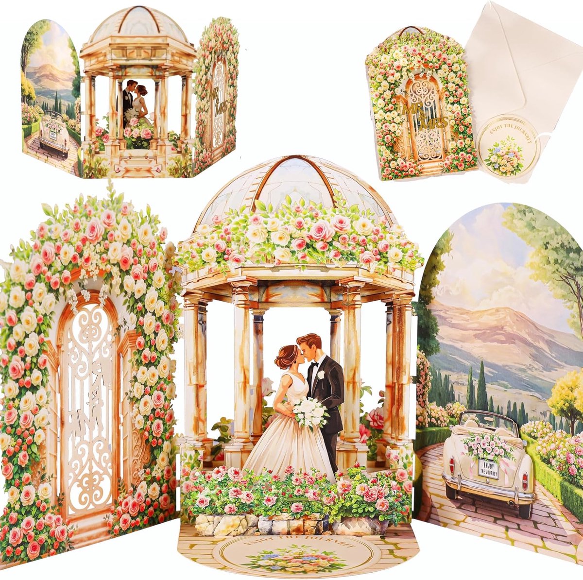 SnelShoppen - 3D Wenskaart Pop-up voor Bruiloft, Elegante 3D Kaart met Bruidspaar, Bloemenboog & Trouwauto, Unieke Groetkaart voor Bruiloft, Verloving