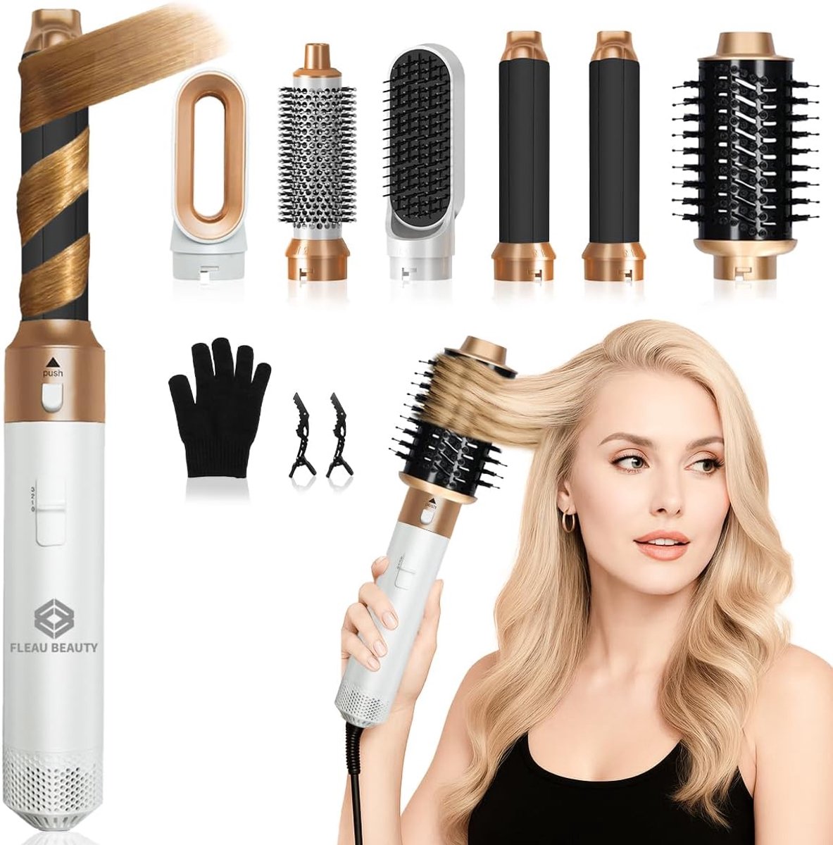 SnelShoppen - Professionele Haar Föhn Borstel - 6 in 1 Multistyler - Krulborstel - Airstyler - Witte Haardroger met Verwisselbare Opzetstukken - Voor