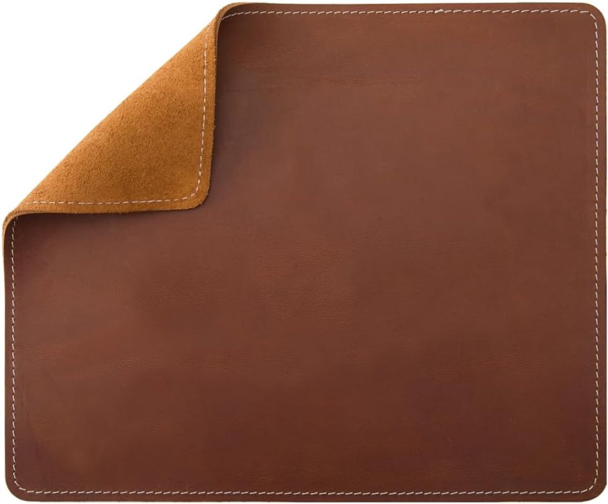 SnelShoppen - Luxe Leer Mouse Pad van Volnerf Koehuid - Antislip Stitched Edge Desk Ondergrond - 20 x 24 cm - Bruin - Perfect voor Thuis en Kantoor