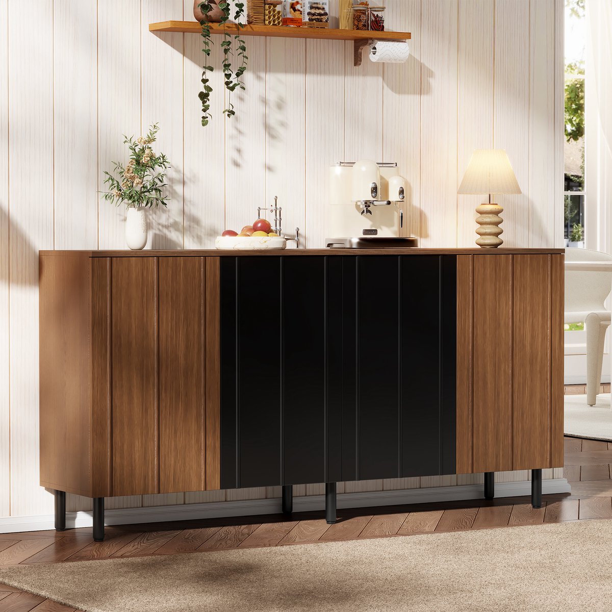 HAUSS SPOLE Keukenkast - Buffetkast Met 4 Deuren En Verstelbare Planken - Voor Keuken En Eetkamer - Spaanplaat - 160x35x80 Cm - Walnootkleur Zwart