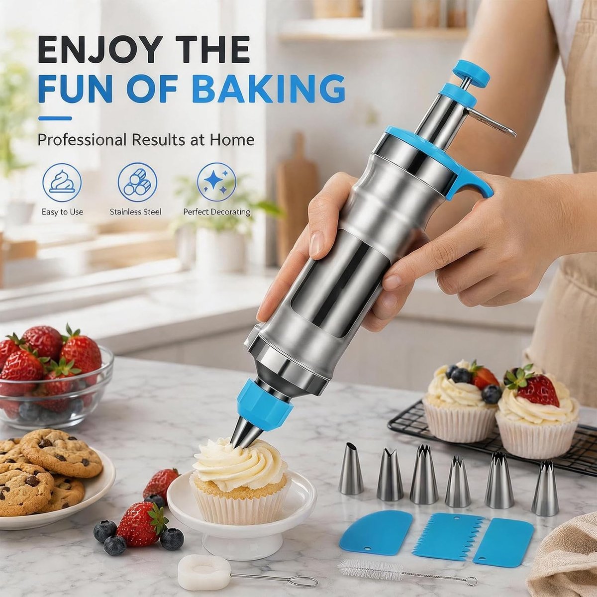 SnelShoppen - RVS Garnituur Spuitfles 400 ml, Herbruikbare Cake Spuiter met Nozzles, Perfect voor Taarten, Cupcakes, Gebak en Dessert Decoratie (Blauw