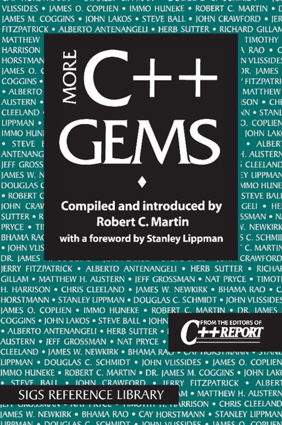 Boek 'More C++ Gems' door Robert C. Martin met 'Compiled and introduced by Robert C. Martin' in witte letters op een zwarte achtergrond.